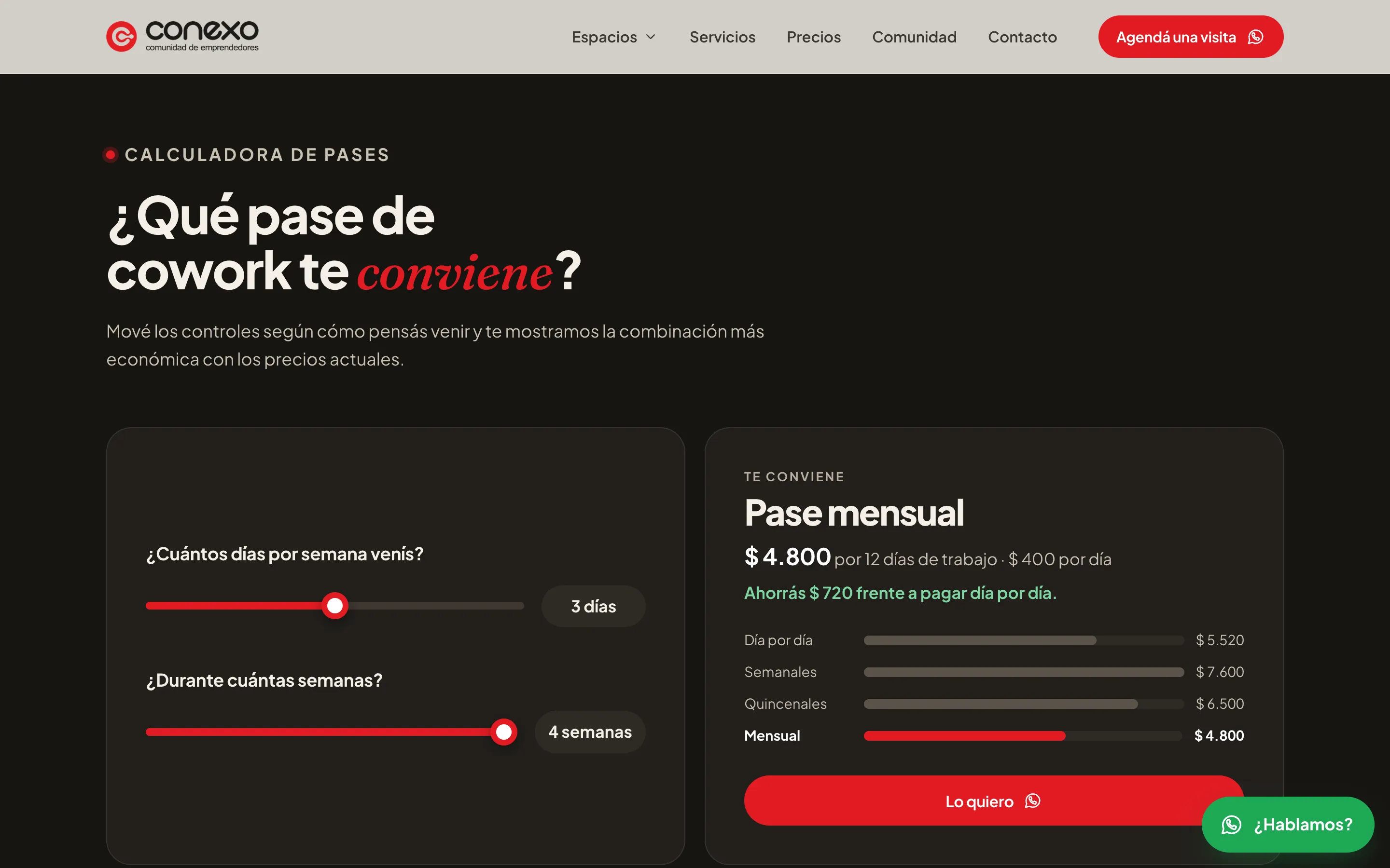 Calculadora de pases de Conexo que recomienda el pase mensual para tres días por semana durante cuatro semanas.
