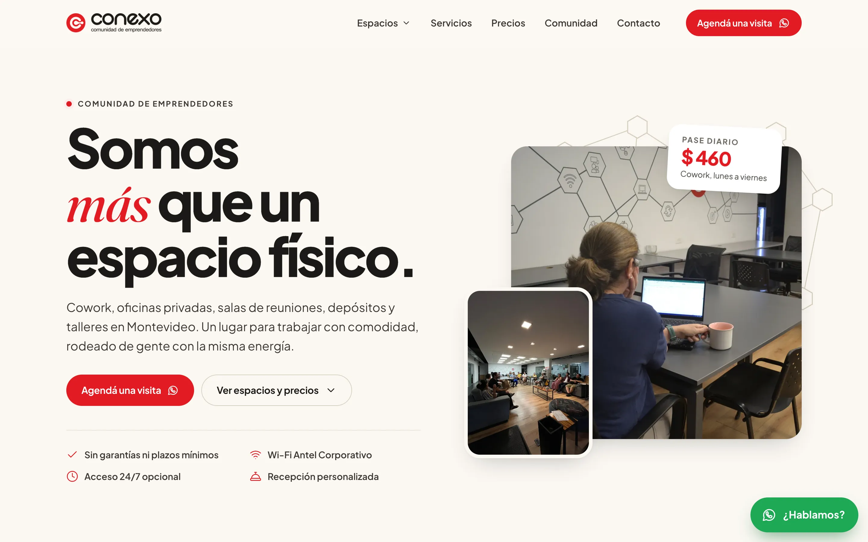 Portada de Conexo Cowork con el titular «Somos más que un espacio físico» y el precio del pase diario.