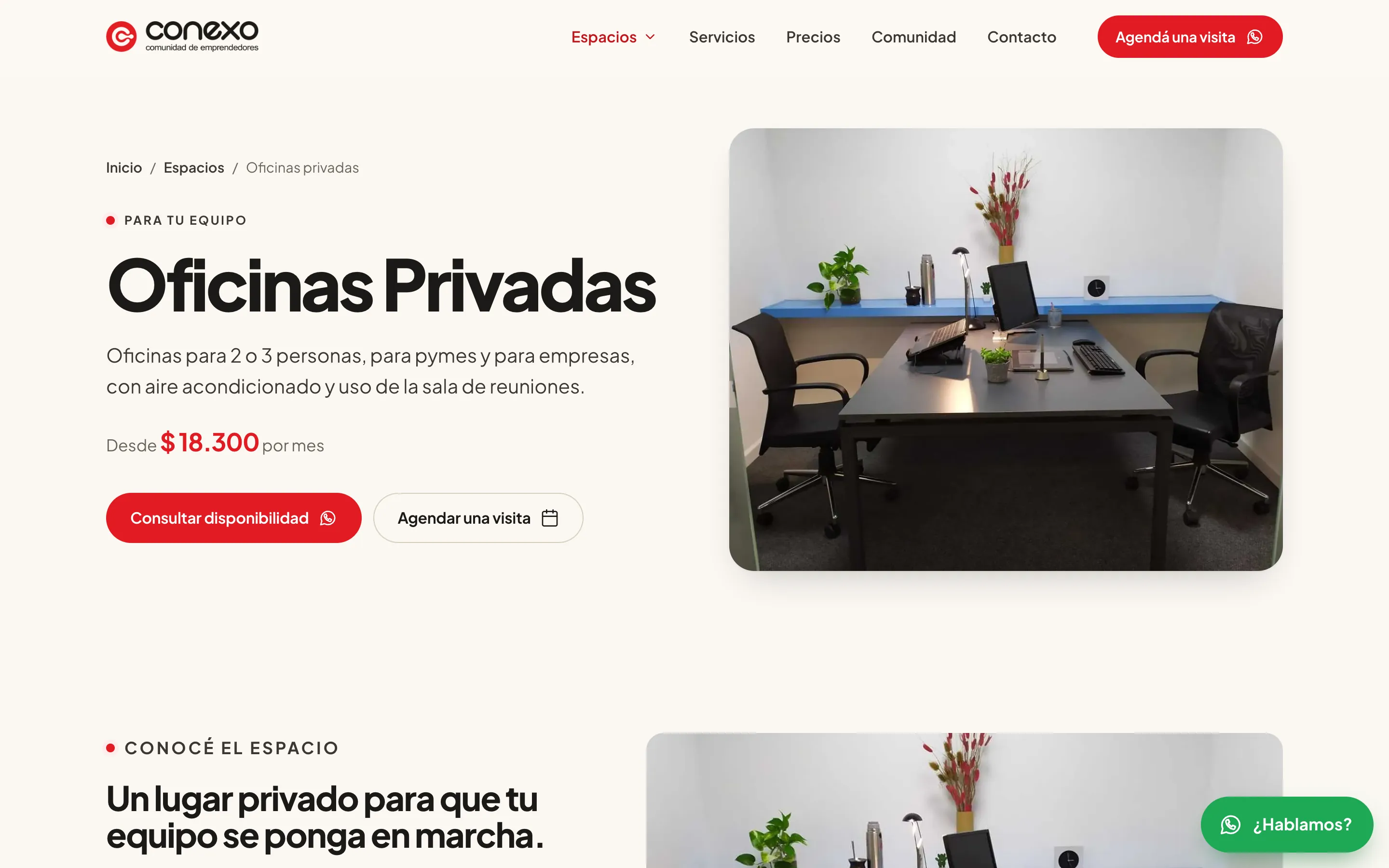 Página de oficinas privadas de Conexo con el precio desde y botones para consultar disponibilidad.