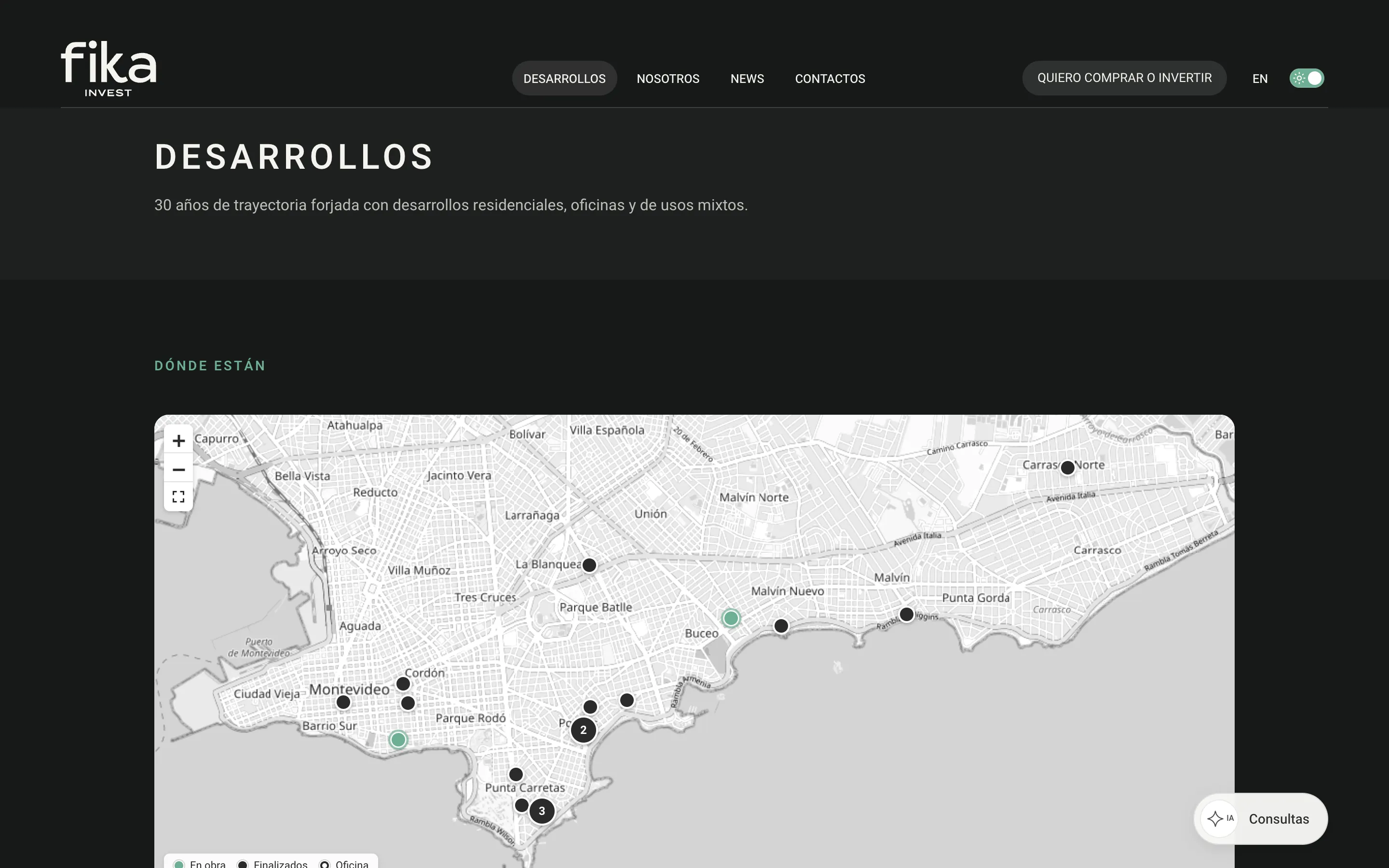 Mapa interactivo de Montevideo con los desarrollos de Fika en obra y finalizados.