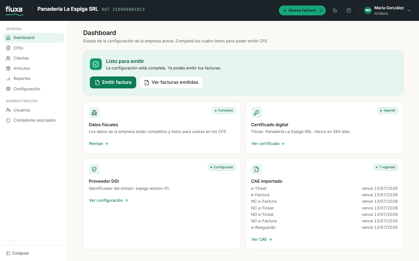 Dashboard de Fluxa para la empresa demo Panadería La Espiga, listo para emitir comprobantes fiscales electrónicos.