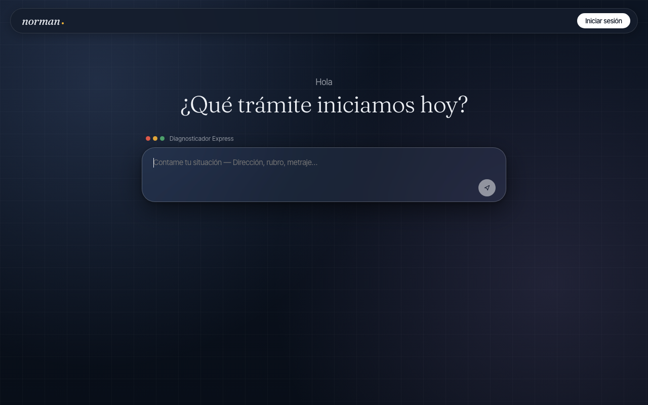 Portada pública de Norman con el inicio de un diagnóstico de trámites comerciales.
