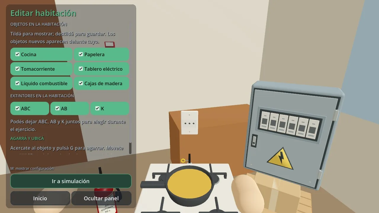 Modo edición sobre una sala de prueba: cocina con sartén, tablero eléctrico, tomacorriente y extintor ubicados en la habitación.