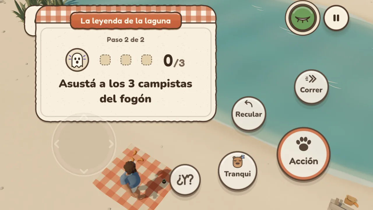 Tranqui en el celular, con los controles táctiles y la misión de la noche.