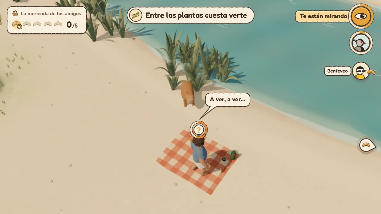 La tarde en la laguna: el carpincho busca bizcochos sin que lo vean los turistas.