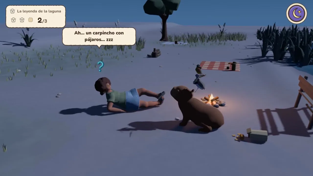 De noche, un campista medio dormido ve al carpincho con sus pájaros junto a la fogata.