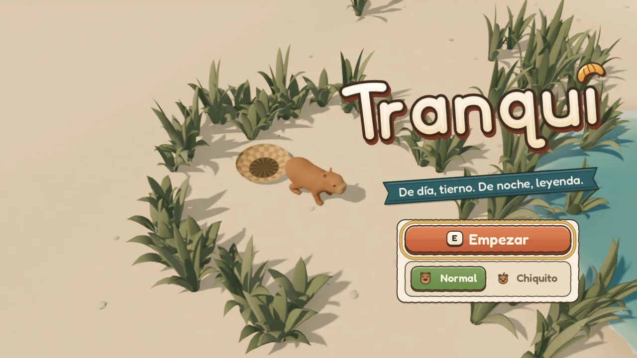 Pantalla de inicio de Tranqui: el carpincho entre pastos, el logo y el lema «De día, tierno. De noche, leyenda.»